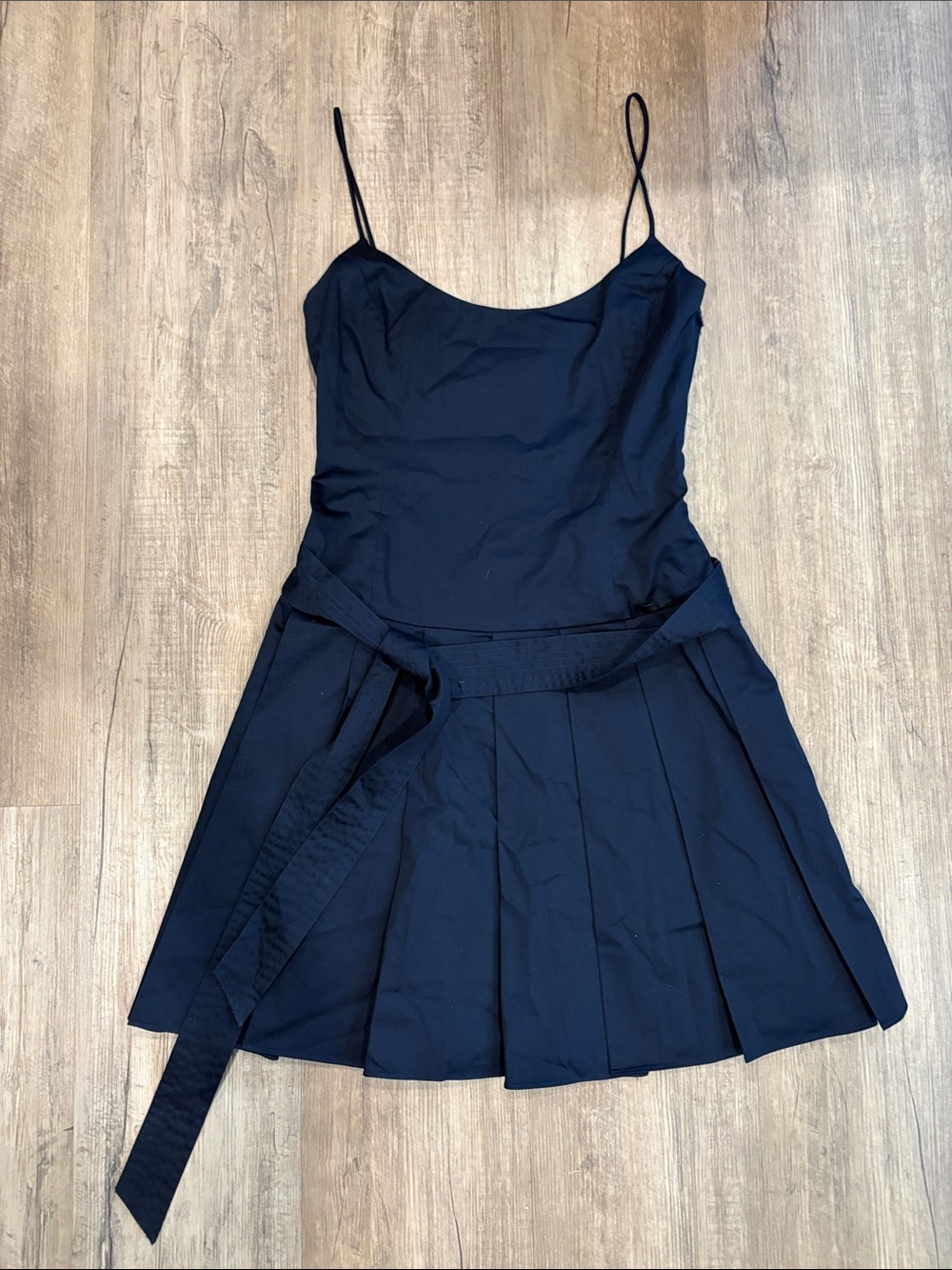 Ralph Lauren Navy Spaghetti-Strap Pleated Mini Dress with Self-Tie Belt